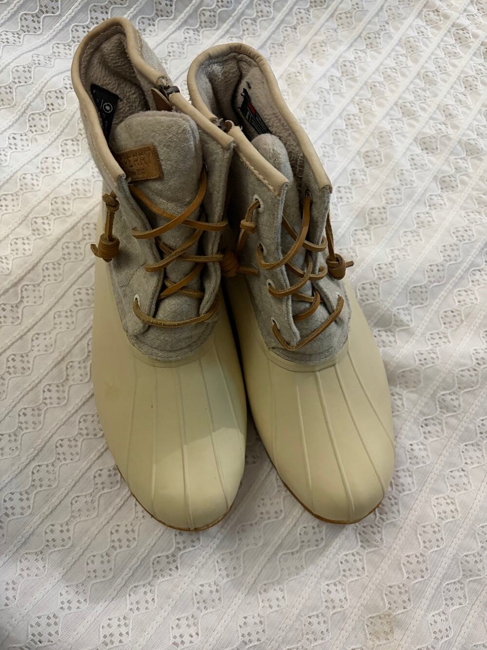 Sperry Saltwater Wool Duck Boots Women's 9 Waterproof Gray Cream STS82473